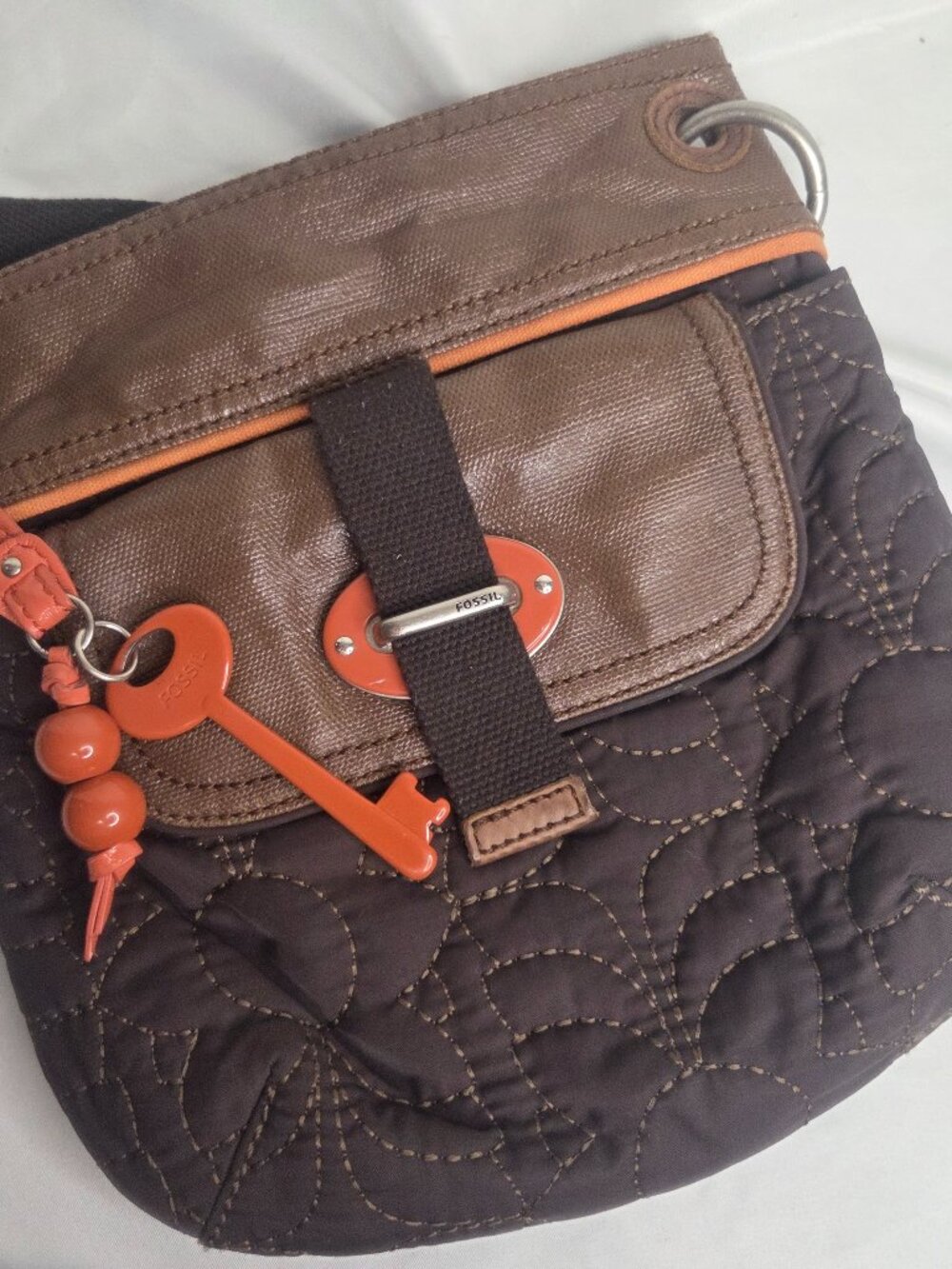 Fossil Key-Per Quilted Nylon Crossbody Bag - Brown & Coral Orange with Charm  Ad